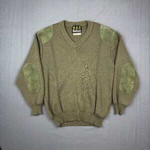 Vintage Barbour Sweater Mens Small Green Sporting Rib Elbow Pad Suede Trim Wool